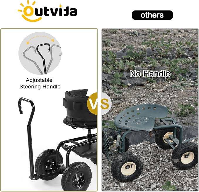 VINGLI Rolling Garden Stool with Seat and Extendable Handle, Gardeners Tool Seat with Wheels and Extra Storage, Gifts for People with Bad Knees (Black)