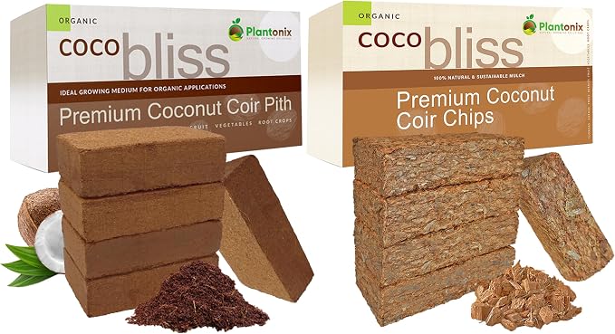 Coco Coir 650gm Bricks (5-Pack) + Coco Chips 650gm Bricks (5-Pack) - Organic Coco Coir for Plants & Coco Chips for Plants - Coconut Husk Chips - Coconut Coir Bricks - Coconut Mulch Potting Soil Mix