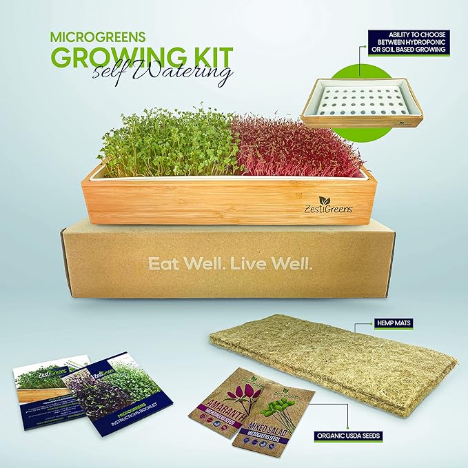 Self Watering Microgreens Growing Kit. Hands Down the Easiest Way to Grow Microgreens. Includes Tray, Seeds, Mats, and Bamboo Surround. Great Gift for Gardeners