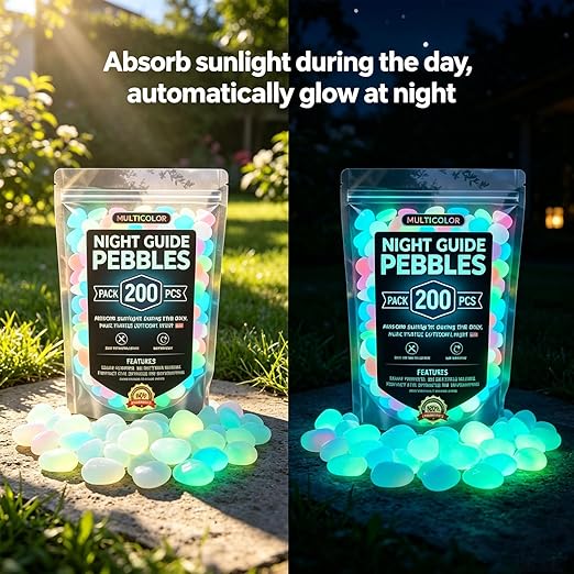 Night Guide Pebbles Solar, Colorful Glow-in-The-Dark Garden Stones, Beautiful Luminous Stepping Stones Glow Rocks for Landscaping Fish Tank Aquarium Walkway Decor (200, Multicolor)