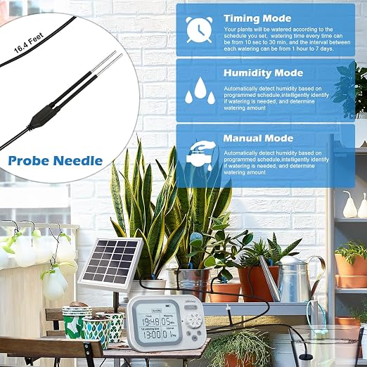 Solar Drip Irrigation System, 50FT Automatic Plant Watering Kit for 15 Potted Plants, IP67 Waterproof Solar Irrigation Indoor and Outdoor Use with Multi-Timer Modes for Garden, Balcony,Patio