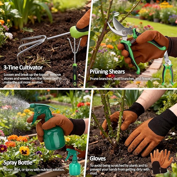 Garden Tool Set with Floral Bag,9-Piece Stainless Steel Gardening Hand Tool with Rubber Non-Slip Handle,Yard Tools Gifts for Women & Seniors,for Planting, Weeding & Seedling Transplanting