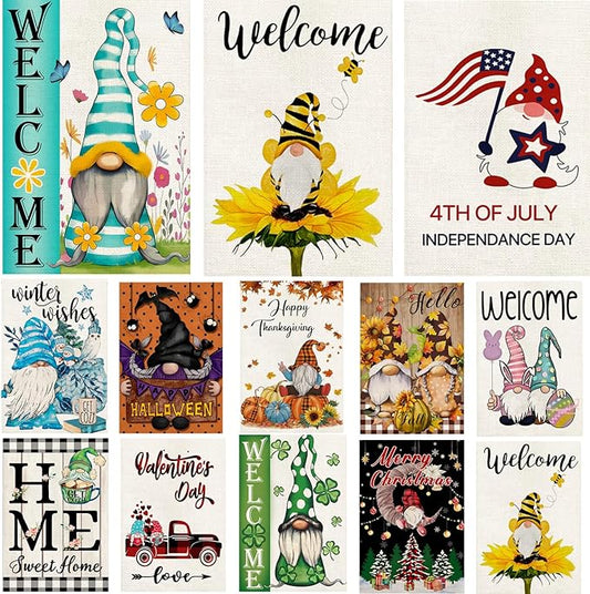 Gnome Garden Flags 12x18 Double Sided, Set of 12 Yard Flag for Outside Seasonal Garden Flag Outdoor Holiday Farmhouse Decorations Flags for All Seasons (Gnome)