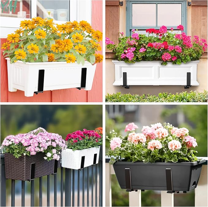 Y&M 2 Pcs Deck Railing Adjustable Planter Box Brackets (6 to 12.5 in), Universal Heavy Duty Iron Flower Box Brackets Wall Mounting Hooks for Fences, Patio, and Garden - Black (Patent Registered)