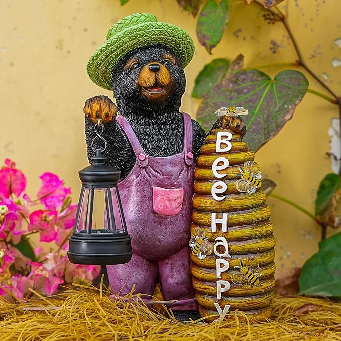 Joint Honglin Solar Black Bear Garden Statue with Lighted Beehive & Lantern, Resin Bear Holding Honey Bee Hive, Outdoor Waterproof Solar Garden Decor, Yard Lawn Patio Porch Farmhouse Decoration