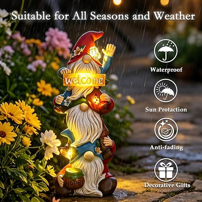 Garden Gnome Statue Solar Lights, Funny Faceless Triple Gnomes Sculptures Spring Decorations Outdoor Porch Patio Lawn Yard Art Balcony Home Decor Figurine, Birthday Gifts for Woman Mom Grandma