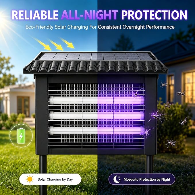 KING&DUKE Solar Bug Zapper Outdoor, 4000V Mosquito Zapper, Smart Rain Sensor, 2-in-1 Insect Trap and Patio Light for Yard Patio Camping