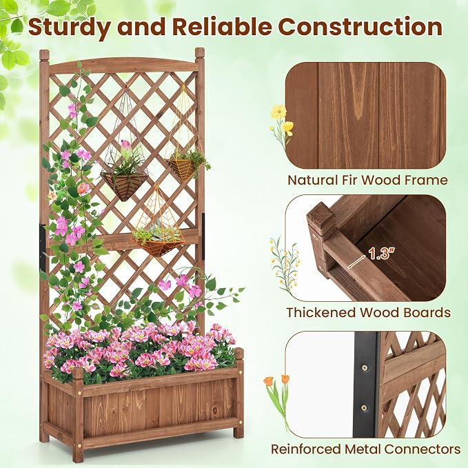 Giantex Raised Garden Bed with Trellis, 60” Wooden Planter Container with Drainage Holes, High Trellis for Plant Flower Climbing Pot Hanging, Indoor & Outdoor Planter Box for Yard Garden Balcony