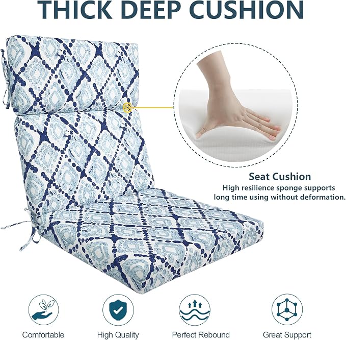 DYTXIII Outdoor High Back Chair Cushions Set of 2, 44"x22" Water Repellent Patio Seat Cushions with Elastic Sponge, All Weather Chair Pads for Rocking, Dining Chairs,Patio Furniture - Geometry Blue