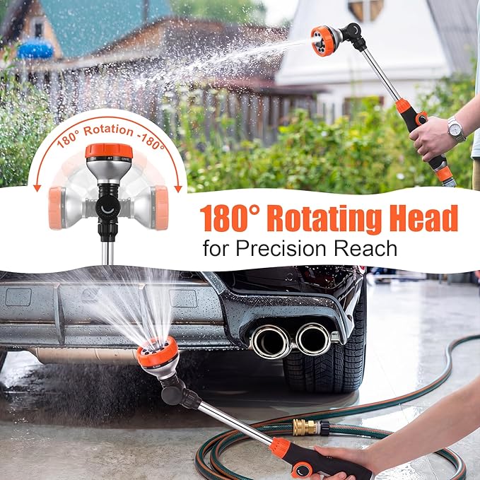 Hushee 2 Pack Garden Hose Wands 18.5inch Long Metal Watering Wands with 180° Swivel Head Adjustable 8 Spray Patterns Hose Nozzle Heavy Duty Flow Control for Tall Plants Hanging Baskets Car Lawn Wash