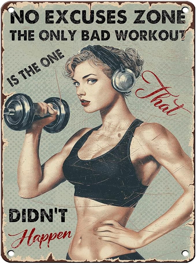 Vintage No Excuses Zone Metal Sign Retro Girl Lifting Dumbbells Fitness Tin Sign Nostalgic Art for Home Gym Personal Studio Wall Decor Living Room Garage Cafe Bar 16 * 12 In