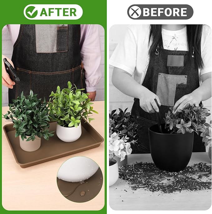 GREANER 3 Packs Plant Saucers for Indoors, 13 Inch Brown Plastic Tray, Rectangular Planter Trays and Saucers for Potted Plants