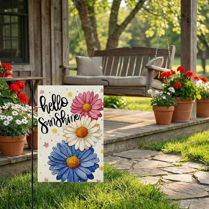 CROWNED BEAUTY Hello Sunshine Garden Flag Daisy Spring Summer 12x18 Inch Double Sided Small Seasonal Holiday Floral Farmhouse Decoration for Outside Yard