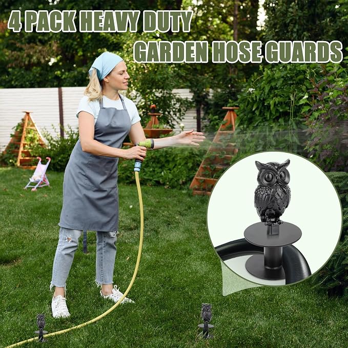 4 Pack Hose Guides for Garden Heavy Duty Metal Water Hose Guards for Flower Beds Decorative Garden Stake Spike Owl-Shaped Black Cast Iron Plant Protector for Lawn Yard Ground Outside Flower Bed
