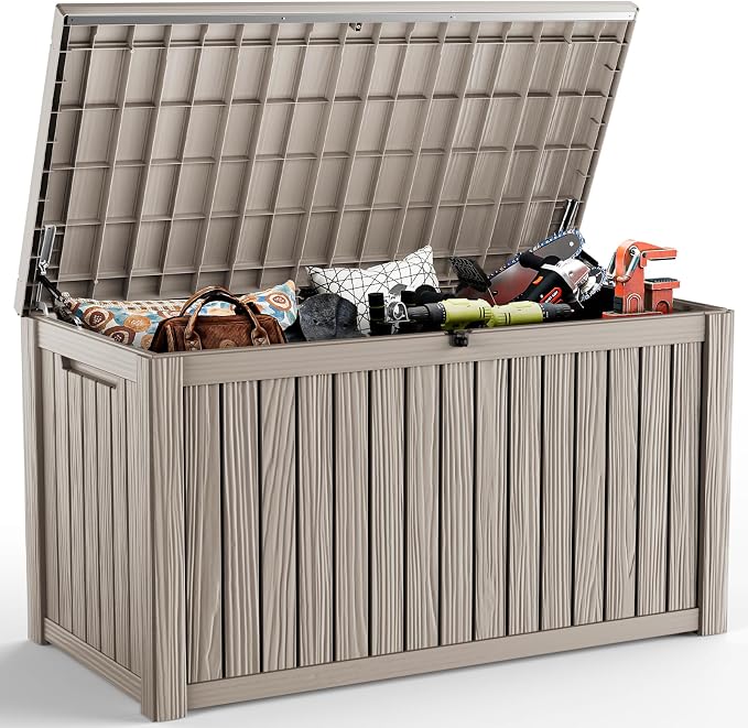 200 Gallon Outdoor Storage Box Waterproof, Resin Lockable Deck Box with Lid, Large Capacity Weatherproof Container for Patio Furniture Pool Accessories, Side Table(Grey, 200 Gallon)