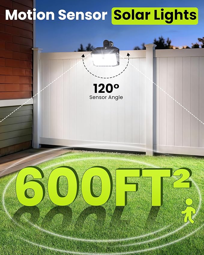 Clip on Solar Lights Outdoor with Motion Sensor, 600LM 176LED Solar Fence Lights Outdoor Waterproof, 3 Modes & Portable Security Lights for Chain Link Patio Deck Yard Garage (1Pack)