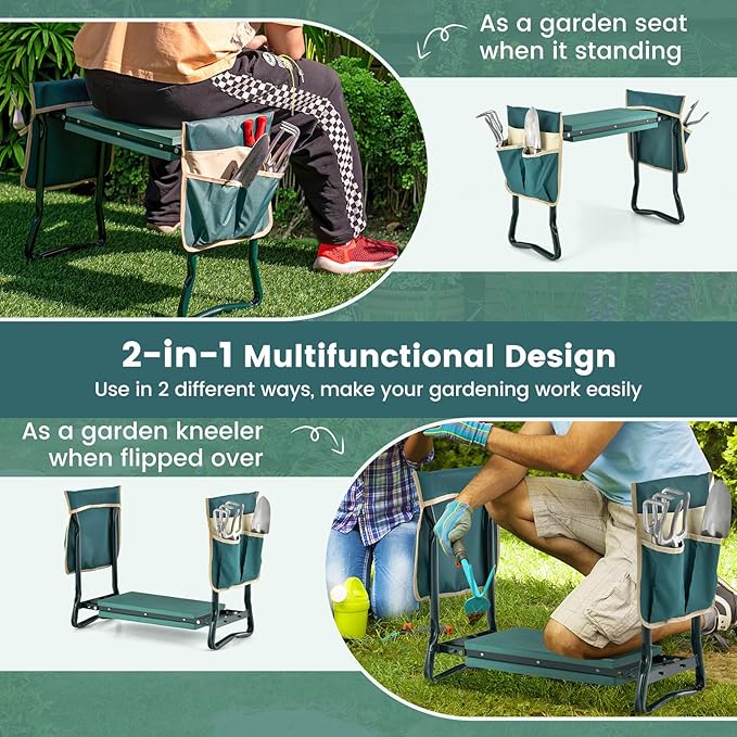 IRONMAX Garden Kneeler and Seat, Heavy Duty Foldable Gardening Bench Stool w/Soft Foam Pad & 2 Tool Storage Bags for Kneeling & Sitting, Gardening Gifts for Women Men
