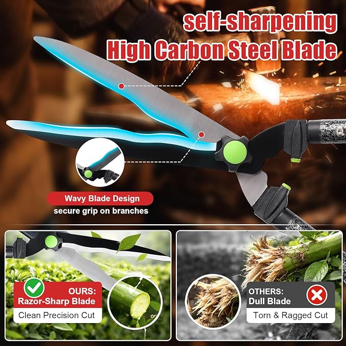 Sharp Hedge Clippers Shears Clean Cuts - 2×Leverage Long Handles for Effortless Trimming,Teflon Coated Anti-Slip Cutting Wavy Blades,Lightweight Hedges Shears for Gardening Yard Shaping Shrubs Bush
