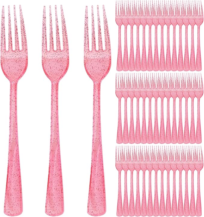 100 Pcs Pink Plastic Forks, Pink Plastic Silverware, Heavy Duty Plastic Cutlery Set Disposable Utensils Sets for Brithday, Wedding, Baby Shower, Bridal Shower