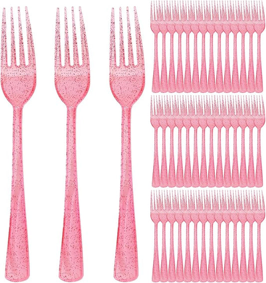 100 Pcs Pink Plastic Forks, Pink Plastic Silverware, Heavy Duty Plastic Cutlery Set Disposable Utensils Sets for Brithday, Wedding, Baby Shower, Bridal Shower