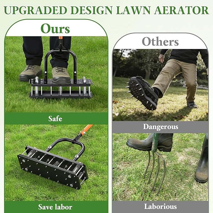 Lawn Aerator, 21 Pre-Assembled Metal Spikes, Automatic Dirt & Leaves Clean, Ergonomic Design, Soil Lawn Aerating Tools for Yard Lawn and Garden, Lawn Aerator Spikes aerating Tool
