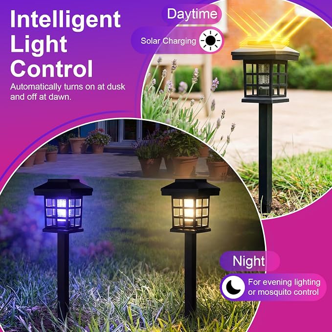 4 Pcs Solar Bug Zapper Outdoor Waterproof 2 in 1 Mosquito Zapper Solar Powered Mosquito Fly Trap Repellent Lamp Kills Bugs LED Lamp Warm Purple Light for Garden Yard Lawn (Black Warm Purple)