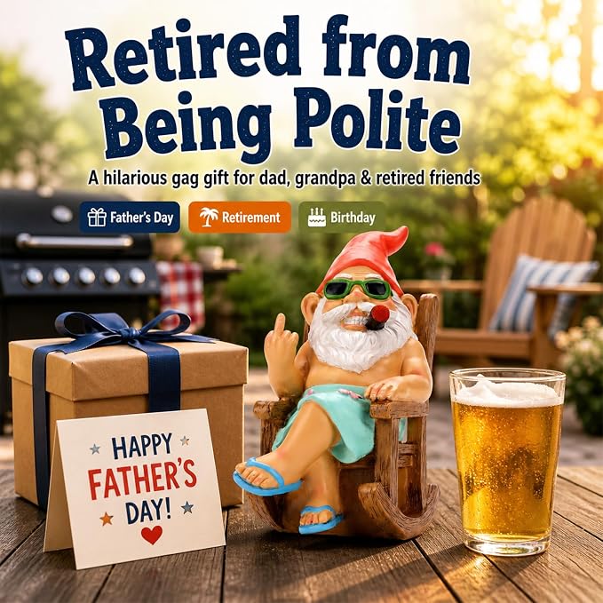 Funny Garden Gnome Statue 7.1", Solar Gnome in Rocking Chair, Outdoor Garden Decor Lawn Ornament for Yard Patio Porch, Fathers Day Birthday Gifts for Men Dad Grandpa