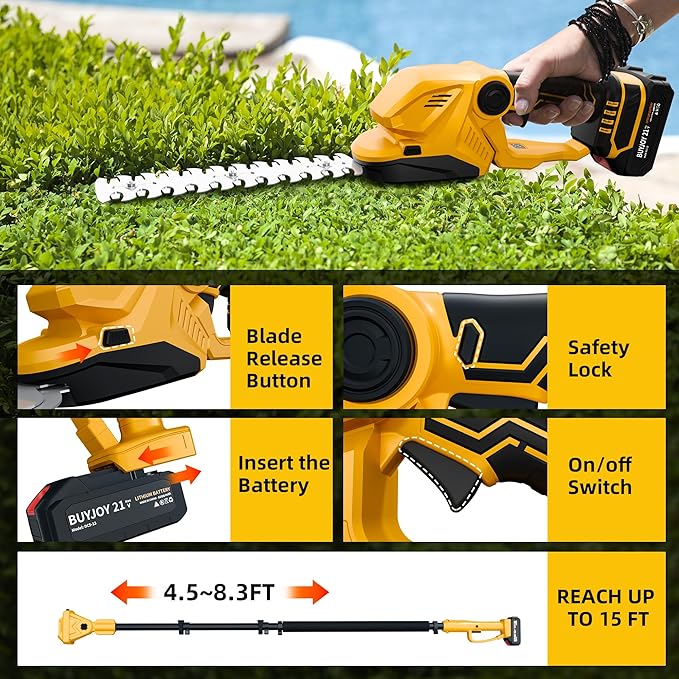 4-in-1 Pole Hedge Trimmer & Cordless Grass Shears,2×4.0 Ah Batteries & Included Charger,Dual Blade Design,Extension Tree Pruner,Bush Trimmer for Tree Trimming/Garden/Lawn