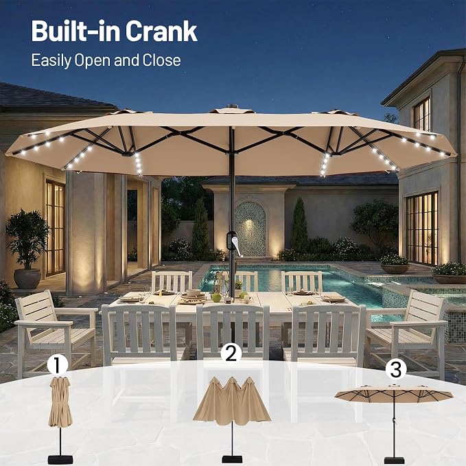 AreShark 13 FT Patio Umbrella with Solar Lights, Double-Sided Outdoor Table Umbrellas with Crank, Large Rectangular Market Umbrella for Porch, Lawn, Pool, Backyard, Beige
