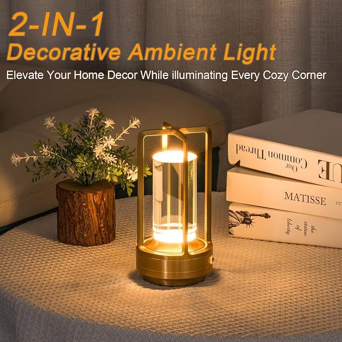 Cordless Table Lamp Rechargeable, Battery Operated Crystal Lamp, Stepless Dimming Touch Control, 3 Color LED Bedside Night Light for Bedroom, Dining Room, Outdoor Camping, Gold (2 Pack)