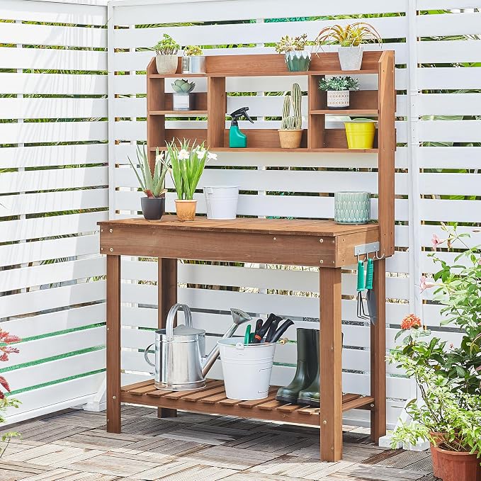 Topeakmart Potting Bench Germination Table - Wood Garden Work Bench Flatform w/Display Rack/Practical Storage Prganizer for Backyard, Patio and Balcony, Brown