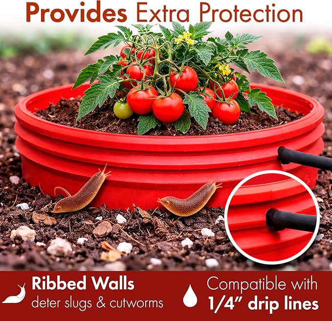 7 inch Solid Planting Grow Rings | 12 Pack Red | One-Piece Design for Deep Root Watering Veggies, Herbs & Flowers | Mulch & Soil Barrier | Deter Slugs and Cutworms | Heavy Duty | Made in USA