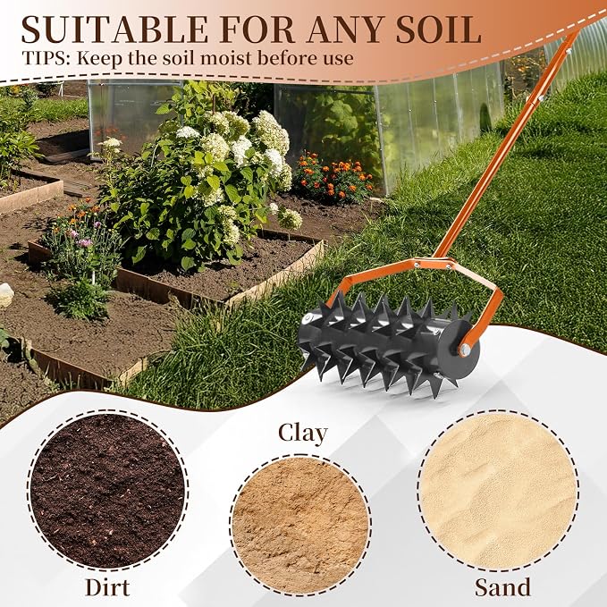 18in Rolling Lawn Aerator, Heavy Duty Manual Aerator Lawn Tool, Lawn Spike Aerator Roller with Adjustable Handle, Soil Penetrator Push Lawn Aeration for Garden Yard Patio (Orange)
