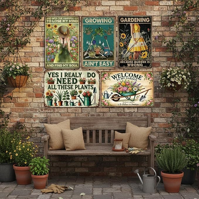 Vintage Metal Sign, Metal Wall Art, Funny Bar Signs, Motivational Positive Affirmations Wall Decor, Funny Tin Signs for Home Office School Gym & Locker Room 8x12 Inch (5Pcs Funny Metal Garden Sign)
