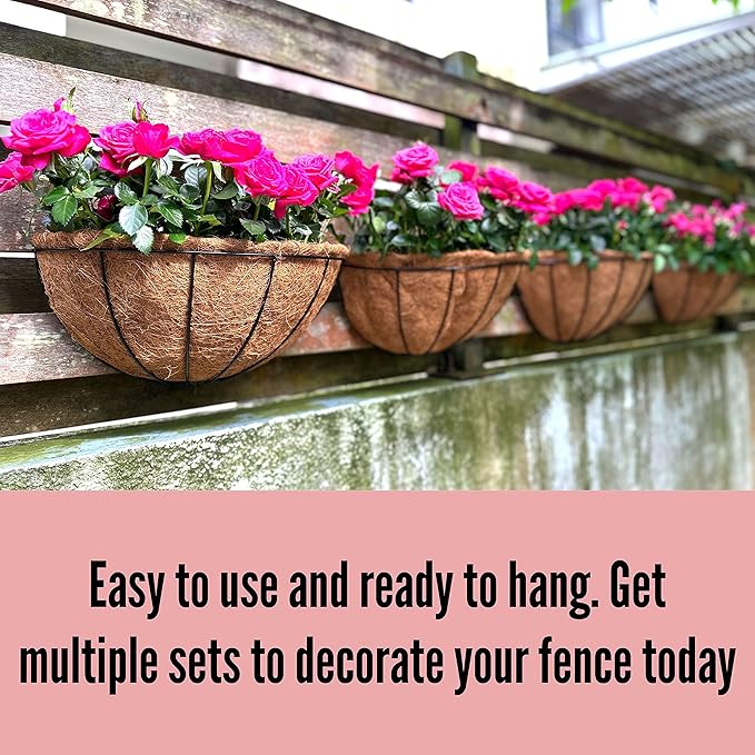 LaLaGreen Wall Planters for Outdoor Plants (2 Pack, 14 Inch) Large Hanging Planter with Coco Liner, Metal Round Wire Flower Basket Outside Fence Railing Plant Pots Holder Deck Porch Balcony Decor