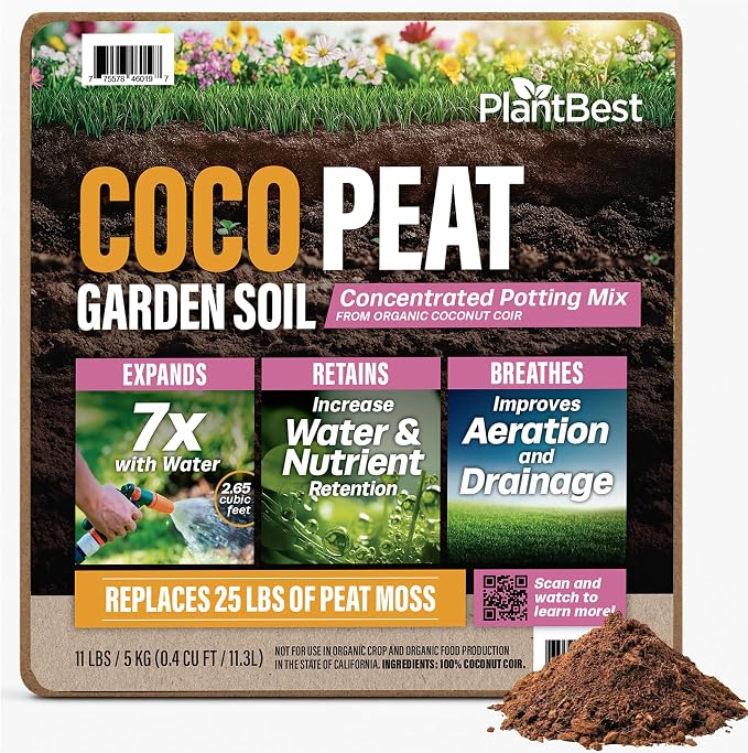 PlantBest Compressed Coconut Coir Block 11 lb – Expands to 64 Quarts and Up to 2.65 Cubic Feet, Coco Coir Growing Medium, Peat Moss Alternative for Potting Soil, Garden Soil, Raised Beds