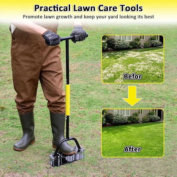 Manual Lawn Aerator Tool, Automatic Dirt Clean Lawn Aerator with 17 Spikes and Extended T-Handle, Easy-to-Assemble Aerator Lawn Tool with Gloves, Yard and Grass Aerator for Soil Loosening