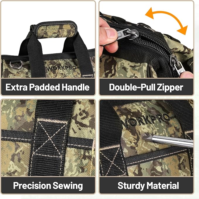 WORKPRO 16-Inch Wide Mouth Tool Bag, Multi-Pocket Tool Bags for Men with Adjustable Shoulder Strap, Waterproof Oxford Fabric and Sturdy Buttom