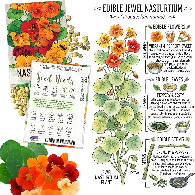 Seed Needs Edible Wildflower Seed Packet Collection (7 Varieties of Flower Seed for Planting) Non-GMO Heirloom & Untreated - Includes Viola, Pansies, Chives, Borage, Calendula, Nasturtium & Bee Balm
