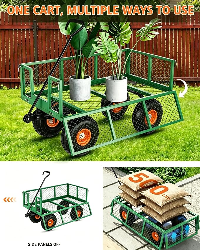 GarveeLife Heavy Duty Steel Garden Cart 500 LBS Capacity 3 in 1 Pullable Garden Wagon with 10 in Wheels for Gardening Soil, Tools, and Plant Transport