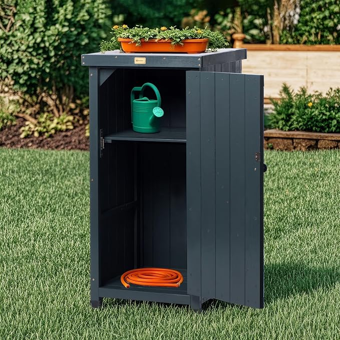 HABAU Outdoor Storage Cabinet for Patio, Garden Potting Bench Table with Shelves & Metal-Tabletop, Wooden Planting Work Station, Weatherproof