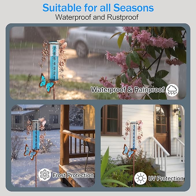 Rain Gauge Outdoor, 7" Freeze Proof Rain Gauges Outdoors Best Rated, Accurate & Easy to Read, Decorative Rain Measure Gauge for Yard Garden Patio(Butterfly & Flower)