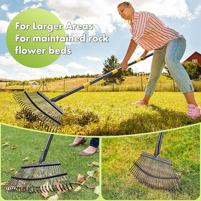 Rake for Leaves, Heavy Duty Leaf Rakes for Lawns & Yard - 65” Adjustable Long Handle 18” Width 25 Metal Tines - Gardening Rake for Adults Kids for Shrub,Grass,Mulch