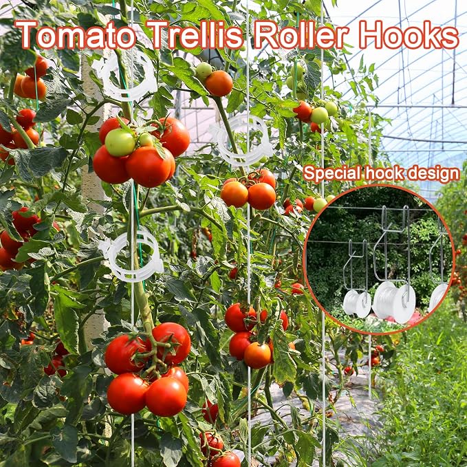 Tomato Support Hooks with String,10 Pack Tomato Trellis Roller Hooks with 49.2FT String for Plant,Greenhouse Tomato Flower Vine Twine Crop Trellis Kit Tomato Plant Roller Hook
