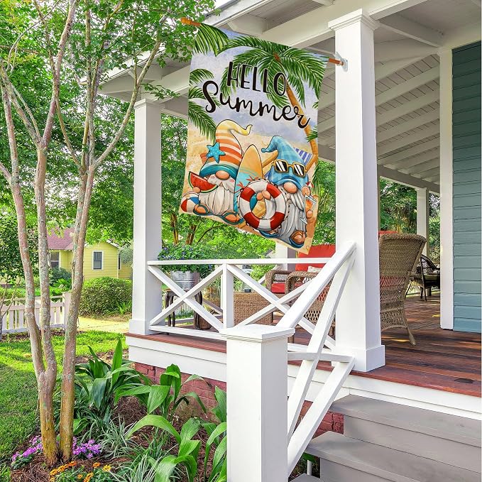Hello Summer House Flags for Outdoor Decoration, Cartoon Gnomes at The Beach Large Yard Flag, Seasonal Decorative Celebration Decor for Spring Farmhouse Holiday Outside 28x40 Inch Vertical Double Sided