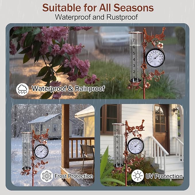 Accurate Rain Gauge with Thermometer, 7" Rain Gauges Outdoors Best Rated, Freeze Proof & Weatherproof, Large Rain Gauge Outdoor Decorative for Yard Lawn Garden(Hummingbird & Flower)