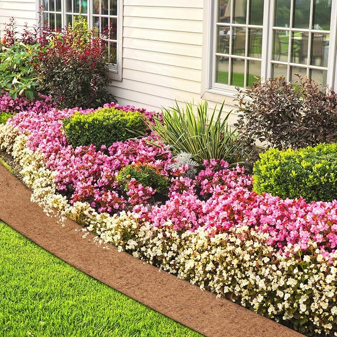 Timgle 2 Pcs 120" x 6.3" Natural Coconut Fiber Liner Mulch Roll, Coir Liner Garden Weed Barrier Mat with 30 U-Shaped Steel Stakes for Landscaping, Garden Edging Border, Planters, Vegetables & Flowers