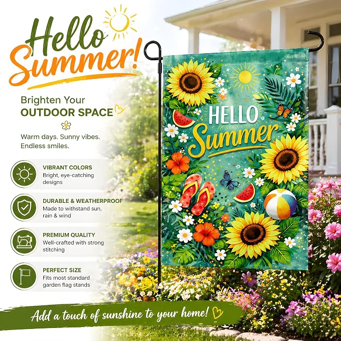 Summer Party Decorations - Summer Garden Flag 12x18 Double Sided Floral Welcome Yard Decor | Summer Farmhouse Accessories Backdrop Favors Supplies Decor for Garden Yard Porch Patio Lawn Outdoor Outside