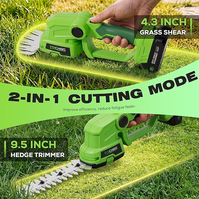 21V Cordless Hedge Trimmer, 2 in 1 Handheld Bush Trimmer with 2 x 2000mAh Batteries + Charger, Electric Grass Shear for Garden Yard Lawn Care, Powerful & Lightweight