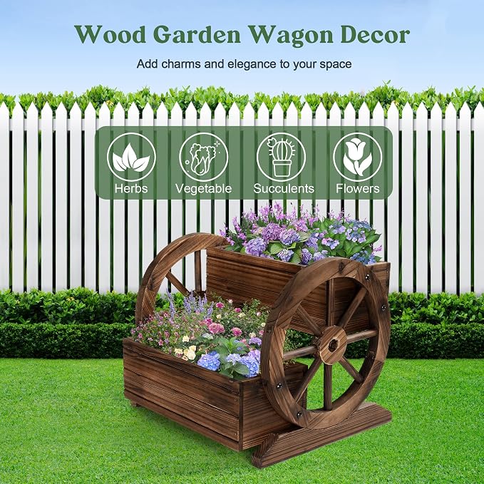 OIPRTGFJ Wooden Wagon Planter Box Garden Planter with Wheels (2-Tier Planter Box-2PCS)